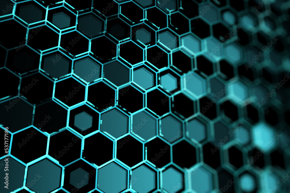Poster Creative blue hexagonal backdrop. Technology, design and landing page concept. 3D Rendering.