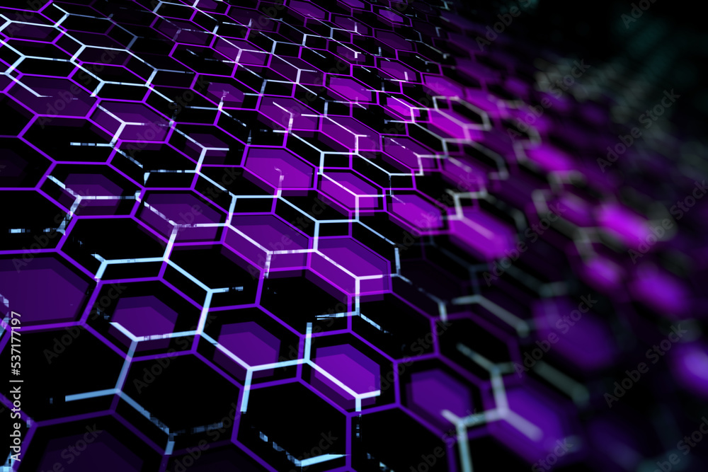 Poster creative purple hexagonal wallpaper. technology, design and landing page concept. 3d rendering.