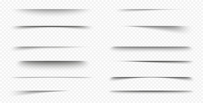 Shadow strips, realistic lines overlay effect isolated on transparent background. Gradient borders with soft edges. Black paper shades, dividers graphic design elements, 3d vector illustration, set