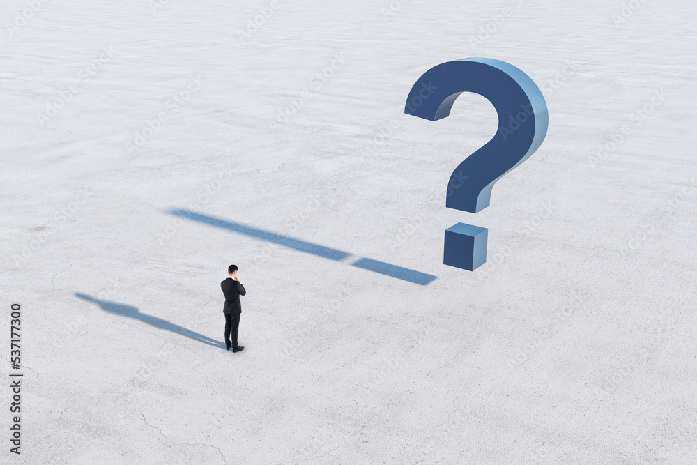 Poster Find solution and right decision concept with back view confused man in black suit and blue question mark on concrete surface