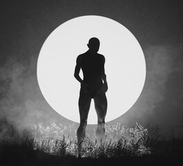 Woman Silhouette with Grass Floor Meadow Mist Warm Sun Coming through a Round Window in a Dark Room Black and White 3d illustration render