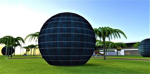 Futuristic solar electric station made ball covered photoelectric panels. The batteries inside are protected from environment. 3d rendering. - obrazy, fototapety, plakaty