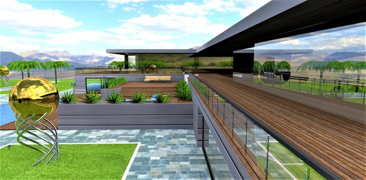 Stylish estate of the future. Glass facade with wooden terrace. Metal installation as a decor on the lawn. 3d rendering.