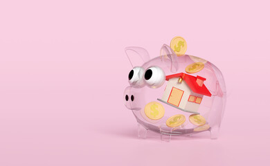 glass, transparent piggy bank with house float, gold coins fly isolated on pink background. saving money concept, 3d illustration or 3d render, clipping path