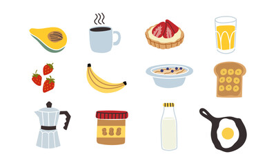 Various tasty breakfast foods and drinks. Vector hand drawn illustration.