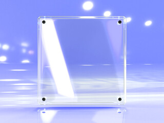 Glass plate, clear square frame with light reflection on blue background. Blank acrylic poster or plexiglass banner with metal mount. Transparent photo frame template, holder mockup