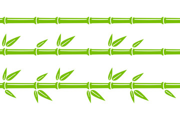Green bamboo trunk seamless lines. Bamboo branch border with leaves. Vector illustration isolated in flat style on white background.