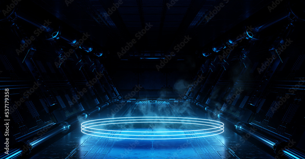 Aufkleber blue spaceship interior with glowing neon lights podium on the floor. futuristic corridor in space s