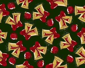 Seamless Christmas texture from Christmas bells with a bow, Christmas composition for print fabric or paper, hand drawn, illustration