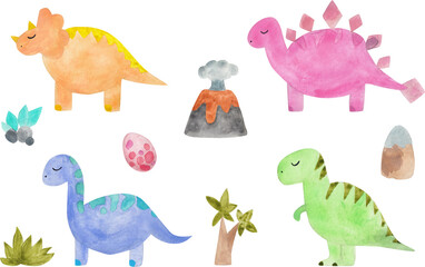 Cute dinosaurs, watercolor illustration, set of elements for various design