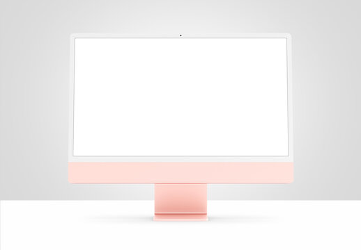 PARIS - France - April 28, 2022: Newly released Apple Imac 24 inch desktop computer, pink color, front view- 3d realistic rendering 4.5K Retina display screen mockup on grey