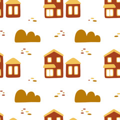 Obraz premium Vector seamless pattern with houses, bush, stones in red and yellow colors. Cute illustration for wallpaper, wrapping paper, background, fabric, textile.