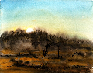 watercolor illustration sunrise or sunset original handmade painting created on handmade white paper - 537179700
