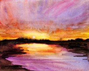 watercolor illustration sunrise or sunset original handmade painting created on handmade white paper - 537179900