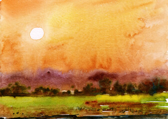 watercolor illustration sunrise or sunset original handmade painting created on handmade white paper - 537179982