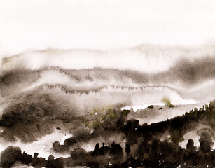 watercolor misty mountains painting scenery - 537179987