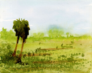 landscape with trees watercolor painting