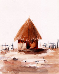 beach hut on the beach watercolor painting