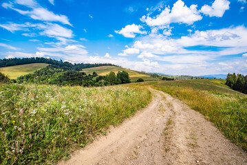 Fototapeta na wymiar mountain landscape view green hills with a road near mountains and forests. summer day the sky with clouds.