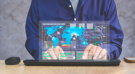 Man using wireless computer keyboard to check investment data, business network, global marketing digital on modern technology virtual screen interface