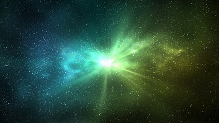 Obraz na płótnie Canvas Burst of light in space. Night starry sky and bright yellow green galaxy, horizontal background