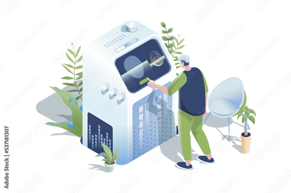 Poster biometric control web concept in 3d isometric design. people use secure access for save personal dat