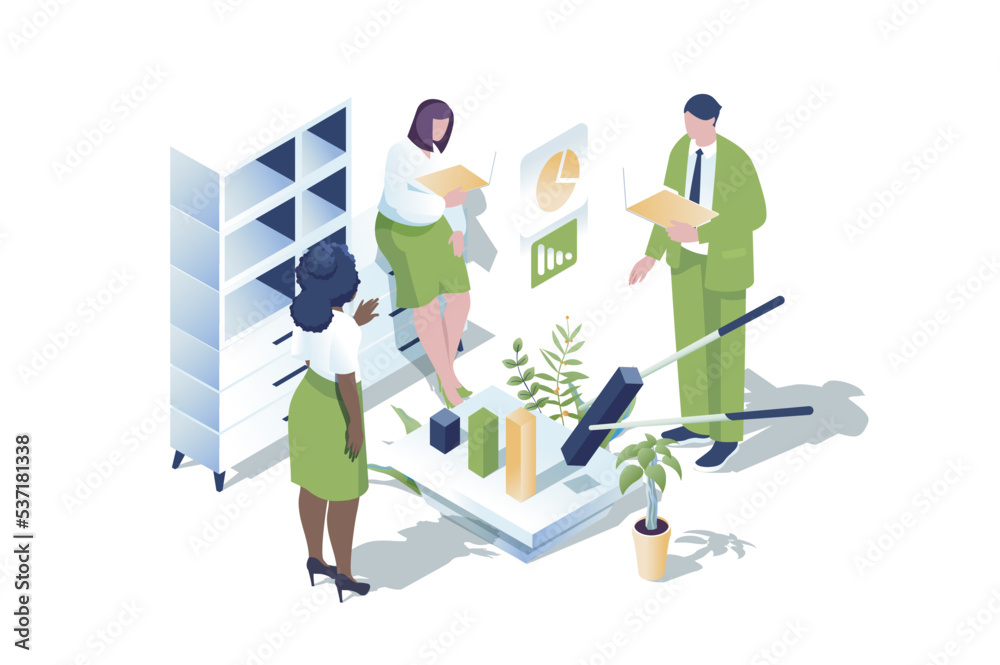 Poster Business statistic web concept in 3d isometric design. People brainstorming and accounting in office, analyzes data, making financial report with charts or market research. Vector web illustration.