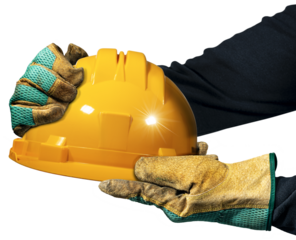Manual worker with protective work gloves holding a yellow and orange safety helmet, isolated on white or transparent background with reflections. Photography, png.