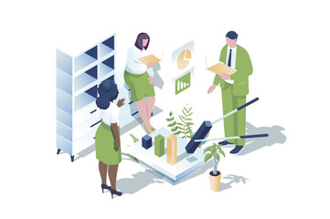 Business statistic web concept in 3d isometric design. People brainstorming and accounting in office, analyzes data, making financial report with charts or market research. Vector web illustration.