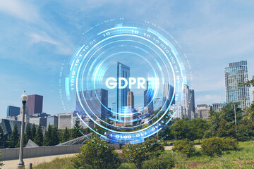 Chicago skyline from Butler Field towards financial district skyscrapers, day time, Illinois, USA. Parks and gardens. GDPR hologram, concept of data protection regulation and privacy for individuals