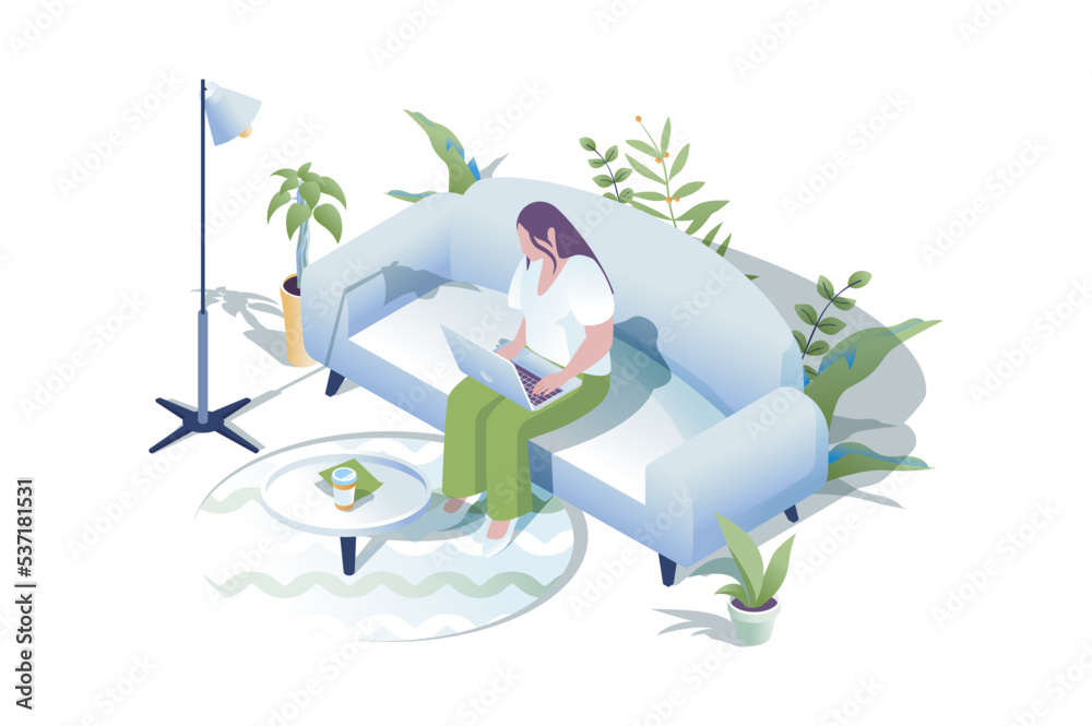 Aufkleber freelance work web concept in 3d isometric design. people working on laptops online. woman works as 