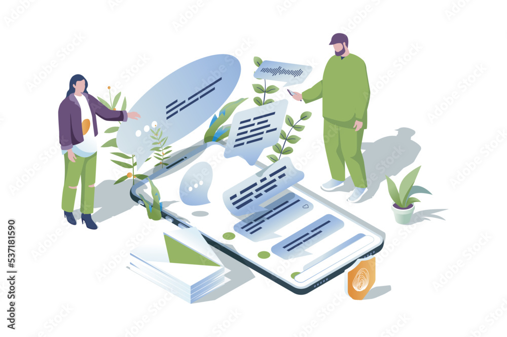 Poster Messaging service web concept in 3d isometric design. People writes messages and sends using mobile application, chatting with friends, sending emails, online communication. Vector web illustration.