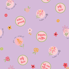 Lavender, lilac trendy conversational seamless pattern print with doodle flowers, floral print and tags, positive quotes and slogans for fabric, textile, tshirt, and wrapping