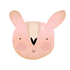 Sweet Nursery Vector Art with Pink Hand Drawn Bunny on a White Background. Cute Prints with Dreamy Rabbit Head ideal for Card, Poster, Wall Art, Kid's Room Decoration. No Text. Lovely Easter Bunny.