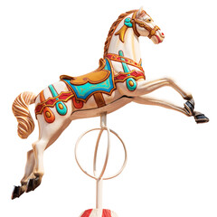 Close-up of a plastic horse of a carousel horses or merry-go-round isolated on white or transparent...