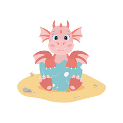 Red dragon in egg shell sitting on sand. Cute cartoon character in flat style. Illustration on white background.