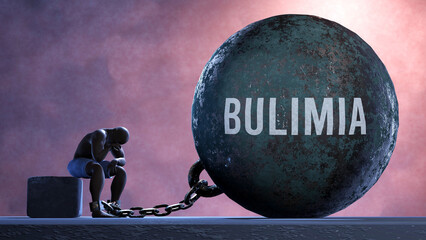 Bulimia that limits life and make suffer, imprisoning in painful condition. It is a burden that keeps a person enslaved in misery.,3d illustration - obrazy, fototapety, plakaty