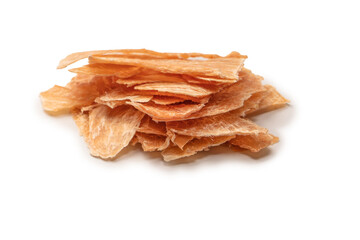 Group of tasty beer snacks. Dehydrated chicken meat slices.