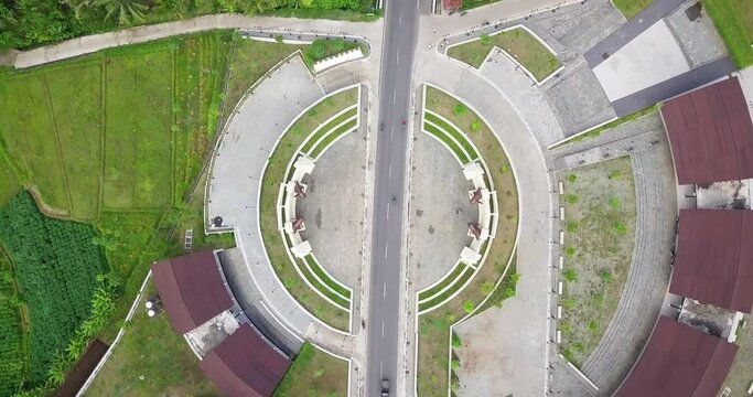 aerial top round shot of Kembang Limus gate, access road to Borobudur temple. 4K