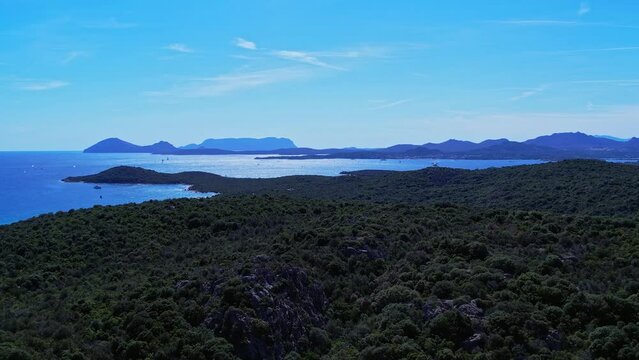 Birds eye view of beautiful landscape at long beach in Sardinia, Italy.