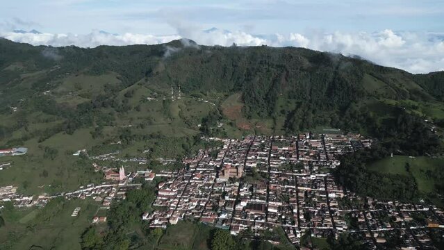 Traveling Jerico, Colombia Aerial Drone Above City Between Andes Mountain Chain, Catholic Pueblo in Antioquia near Medellin, Green and Peaceful Vibes