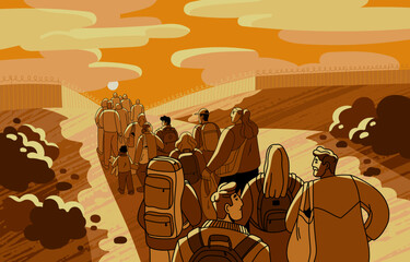 Migration crisis concept. Migrants crowd queue, many refugees line waiting at country border. Lot of immigrants, seekers departing, moving for political asylum, relocation. Flat vector illustration - obrazy, fototapety, plakaty