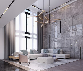 3d rendering,3d illustration, Interior Scene and  Mockup,living room style modern high ceiling,living room fireplace.