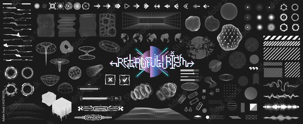 Poster Digital 3D trendy universal shapes with glitch, defect, liquid effect and HUD interface. Retro futuristic shapes, tech cyberpunk user interface elements for UI, UX, GUI. Cyberpunk 3D HUD vector set	