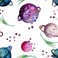 Seamless watercolor pattern with space objects. Multi-colored planets with rings, asteroids, meteorites on a white background. Design for wrapping paper.
