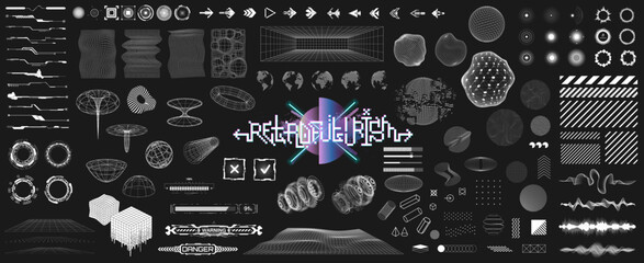 Digital 3D trendy universal shapes with glitch, defect, liquid effect and HUD interface. Retro futuristic shapes, tech cyberpunk user interface elements for UI, UX, GUI. Cyberpunk 3D HUD vector set	 - obrazy, fototapety, plakaty