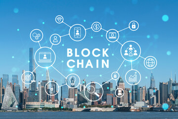 New York City skyline from New Jersey over the Hudson River towards Midtown Manhattan at day time. Decentralized economy. Blockchain, cryptography and cryptocurrency concept, hologram