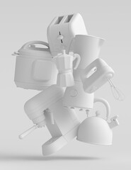 Electric kitchen appliances and utensils for making breakfast on monochrome