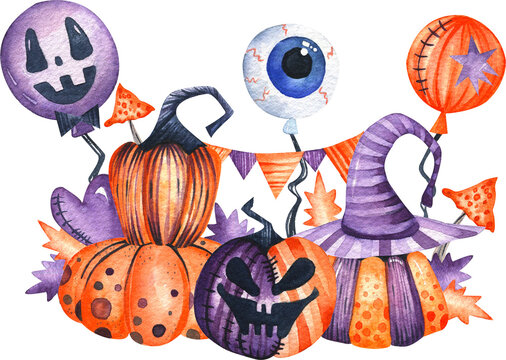 Halloween watercolor illustration. Bright orange, purple pumpkins with a scary face, holiday balloons and a garland of flags. Autumn, holidays.