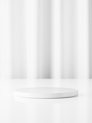 3d white ceramic display podium on table against white curtain background. 3d rendering of realistic presentation for product advertising. 3d illustration.